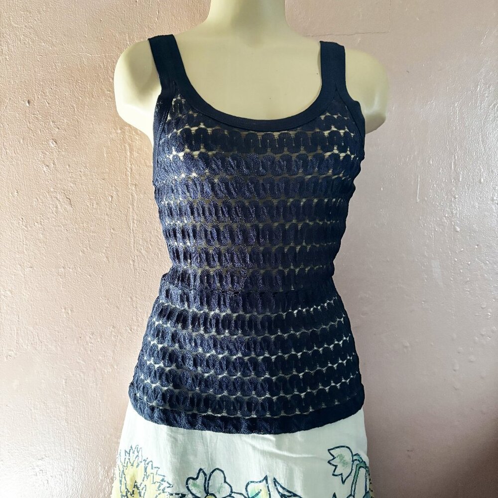Missoni (orange label) Tank Top Shirt~Navy Blue Novelty Open Knit~44=US 8/M